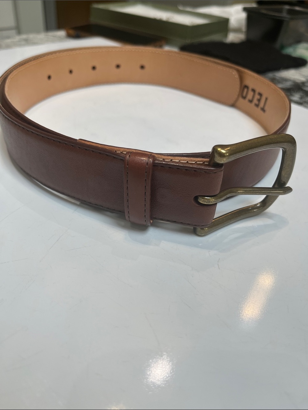 Tecovas men’s Brown Calfskin Belt with Antique Brass Buckle. - Picture 11 of 11